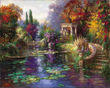 庭園 Painting - 庭の池の風景の花
